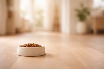 Single Pet Bowl In Minimal Home Interior.
Single feeding bowl on floor with blurred living room background in warm daylight representing simple pet care product and household lifestyle.