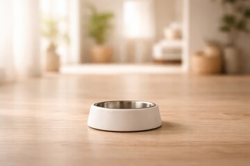 Single Pet Bowl In Minimal Home Interior.
Single feeding bowl on floor with blurred living room background in warm daylight representing simple pet care product and household lifestyle.