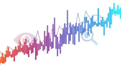 Abstract financial chart with fluctuating bars and lines isolated on a transparent background