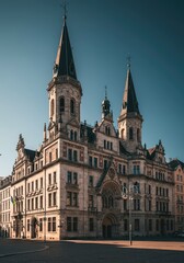 Obraz premium Grand historic building featuring ornate stone facade, towering spires, and classic architectural details reflecting old world tradition ,structure ,city structure ,preservation