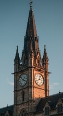 Imposing gothic revival clock tower structure dominating the skyline. Historic stone architecture detailing against a clear atmospheric sky ,gothic ,architecture ,high
