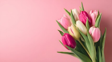 Obraz premium Colorful Spring Tulip Bouquet on Pink Background. Spring, Mothers Day, Birthday, or Valentines Day Greeting Card Concept. Colorful tulip bouquet wrapped on pink background.