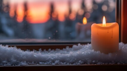 Saint brigid's day candle lighting tradition on winter's eve with snow and sunset
