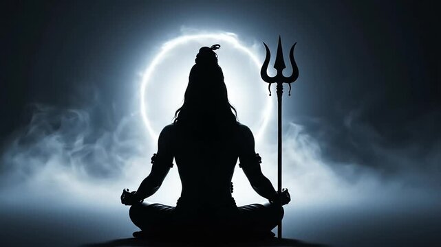 Majestic shiva meditation silhouette supreme deity holding trishula in lotus position spiritual enlightenment
