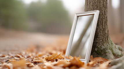 Vintage mirror leaning against tree in forest with reflections of nature on autumn day