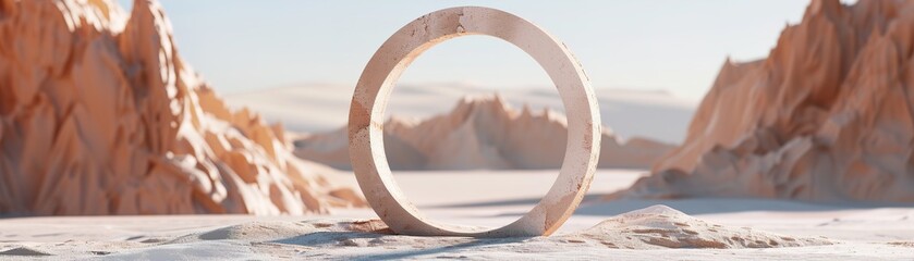 An unstable magic vortex frame stands in the middle of a vast desert. Rocky mountains rise in the background. The scene is bright with colors showing the time of sunset
