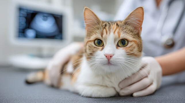 Veterinary ultrasound exam on pregnant cat featuring caring hands in clinic setting