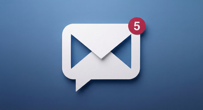 a white email icon with a red notification badge showing the number five prominently - Powered by Adobe