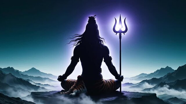 Hindu god shiva in lotus pose meditating at sunset silhouette image trishula and cosmic aura mystical scene