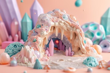 A crystal cave made from clay features a frame decorated with various colorful gemstones. The bright colors and unique shapes create an inviting scene for anyone who appreciates art and craft