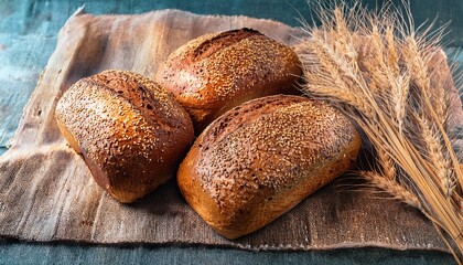 Freshly Baked Rustic Sourdough Bread Loaves With Golden Sesame Seeds And Wheat Stalks On Natural Burlap Fabric