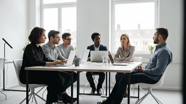 Diverse Young Adults Collaborating in Modern Office Setting for Creative Team Meeting