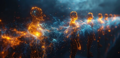 Line of glowing particle figures, orange and blue energy swirling in dark space, cosmic forms