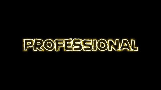 Glowing yellow electric-style text spelling "Professional" on a solid black background with fiery light effect, symbolizing expertise, excellence, and confidence. 