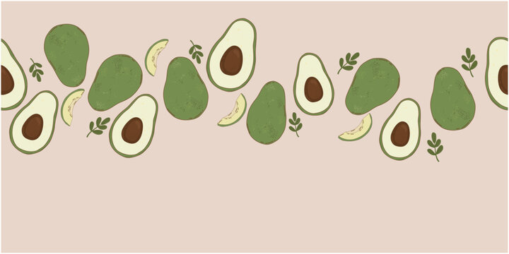 Seamless Avocado Border with Leaves on biege background