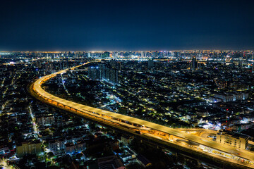 Expressway, Self-driving autonomous electric cars of the future with elements move along a busy...