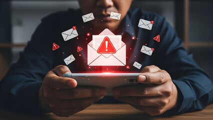 Man holding tablet with digital envelope icon and warning alert symbol
