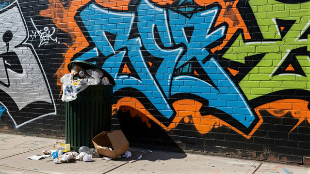 Overflowing trash bin with litter in front of graffiti wall