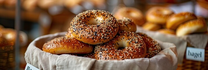 Freshly baked everything bagels piled high in a rustic basket at a local bakery
