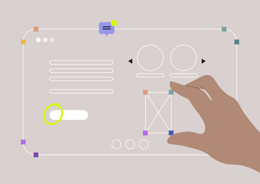 A hand is skillfully navigating and moving various shapes on a sleek digital wireframe interface, showcasing the fluidity of design and user interaction in a vibrant space.