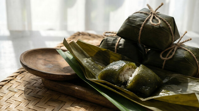 Steamed kuih koci parcels filled with sweet coconut and palm sugar, presented on a woven mat