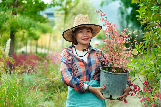 Woman Holding Potted Plant in Garden