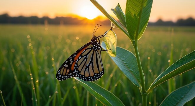 Monarch butterfly emerges from chrysalis at sunrise in a dew-kissed field