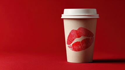 Paper coffee cup with lipstick kiss mark on solid red background, minimalist studio photography for Valentine's Day or cafe promotion

