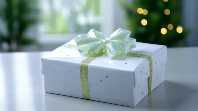 Wrapped with Affection: A beautifully wrapped gift box sits gracefully on a table, its elegant ribbon and delicate adornments hinting at the warmth and generosity within, ready to be unwrapped.