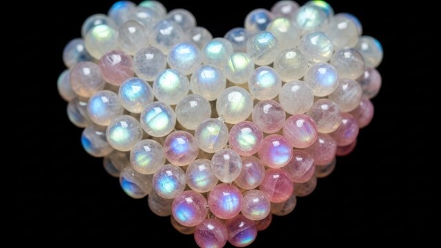 Shimmering iridescent heart of precious moonstone beads, displaying pastel white, pink, blue, green adularescence, glowing against solid black, symbolizing love and luxury.