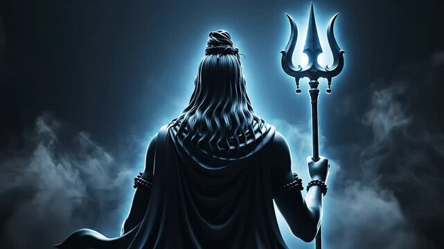Powerful hindu god shiva with trident back view spiritual mystical dark background illumination