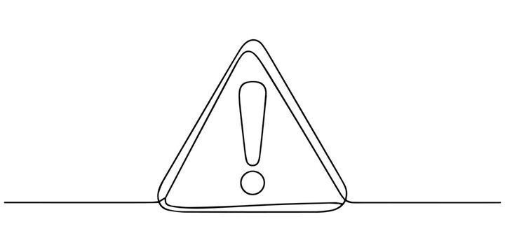 Continuous one line drawing of a warning triangle sign with an exclamation mark. Minimalist hand-drawn alert symbol vector illustration, Dangerous sign continuous one line drawing. Vector outline
