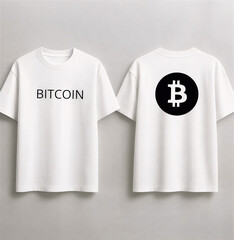 Naklejka premium Clean white T-shirt mockup featuring a minimalist Bitcoin design. The front shows simple “Bitcoin” typography, while the back displays a bold black Bitcoin logo. Perfect for cryptocurrency fashion, on