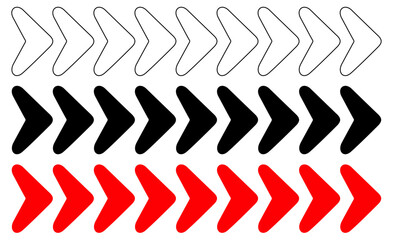 Set of right direction arrow icons in outline, black and red styles, isolated on transparent background