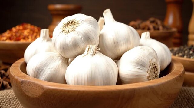A captivating close-up shot of fresh, plump white garlic bulbs nestled within a rustic wooden bowl, exuding a natural and inviting culinary appeal. The scene is beautifully composed with a shallow dep
