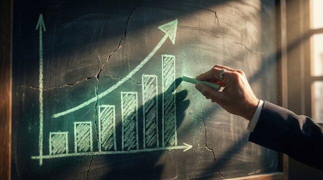 Businessman Drawing Growth Chart on Chalkboard with Green Chalk