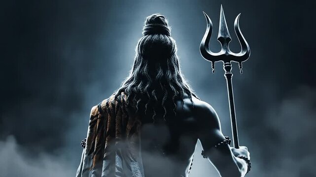 Divine power of lord shiva with trishula against moody smoky background symbolizing cosmic transformation