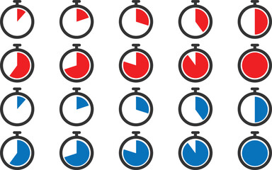 Stopwatch icon set in red color on white background. Collection of countdown timer and clock symbols. illustration of stopwatch icons for time tracking and urgency display .