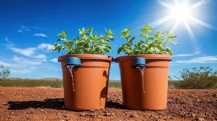 Two terracotta pots with green plants receiving a controlled water drip from blue spouts on a sunny outdoor day with blue sky