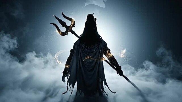 Lord shiva silhouette mahadev standing majestic and divine holding the mystical trident amidst dark smoke background