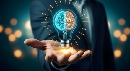 Person holding glowing light bulb with brain hand