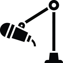 A black glyph representing a broadcast microphone on an adjustable boom arm stand for podcasting or studio recording © Mahraz