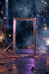 A vibrant festival is taking place in a fantasy world. Floating fireworks light the night sky. A decorative frame stands in the center, surrounded by colorful sparks and a magical atmosphere