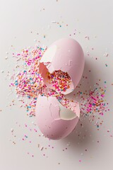 A broken easter egg rests on a white surface with colorful confetti spilling out. This scene captures the joy of festive celebrations and decorating activities