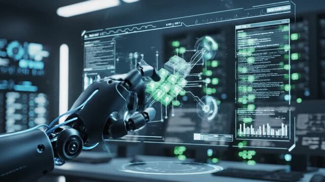 Robotic hand interacting with futuristic digital interface, analyzing complex data and code, representing artificial intelligence, machine learning, and advanced technology