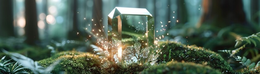 A large emerald floats above a mossy ground in a clearing among trees in a forest. Rays of light reflect off the emerald, creating a soft glow in the surroundings