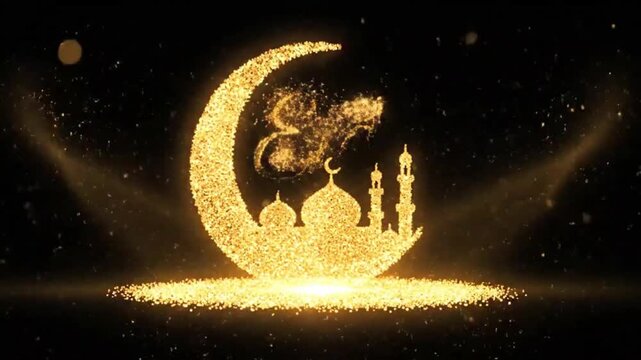 A stunning video showcases a bright glowing crescent moon shining with a beam of light in the dark night sky with sparkling particles floating around it in a mesmerizing display of celestial beauty.