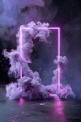 An arcane frame is illuminated from within by swirling violet sigils. Magical sparks dance in the surrounding mist, creating an otherworldly effect in a dark environment