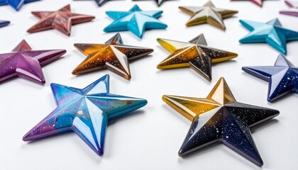 Glossy five-pointed star-shaped objects with colorful gradients and galaxy-like patterns on white surface.