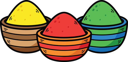Colorful Holi Powder Bowls Vector Illustration for Indian Festival Celebration.